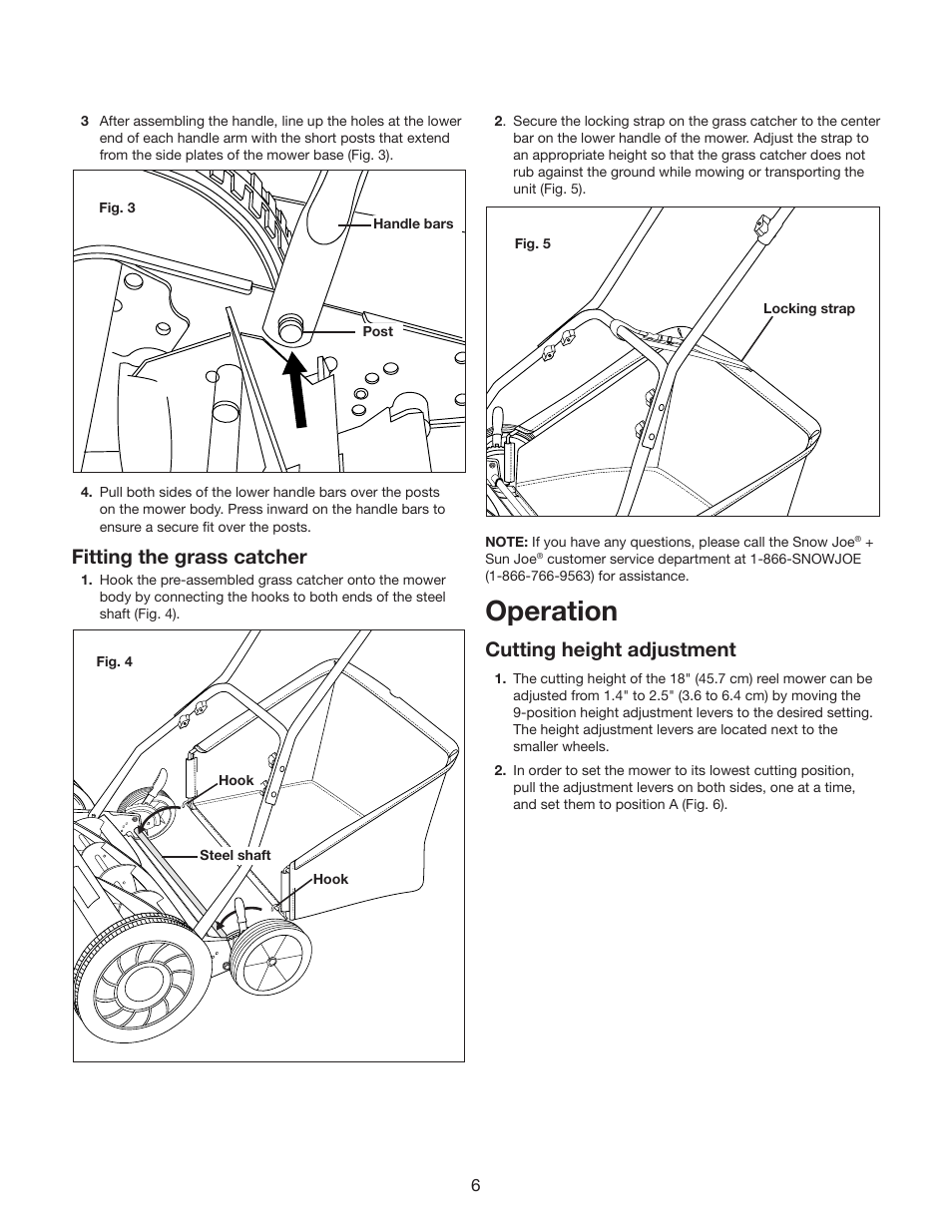 Operation, Fitting the grass catcher, Cutting height adjustment | Snow Joe MJ501M Mow Joe 18-Inch Manual Reel Mower with Grass Catcher Manual User Manual | Page 6 / 12