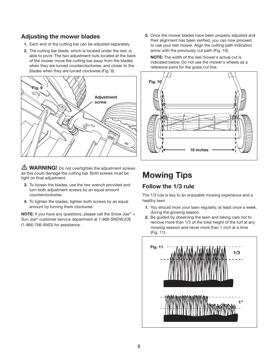 Mowing tips, Adjusting the mower blades, Follow the 1/3 rule | Snow Joe MJ501M Mow Joe 18-Inch Manual Reel Mower with Grass Catcher Manual User Manual | Page 8 / 12