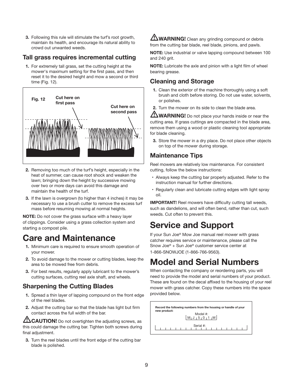 Care and maintenance, Service and support, Model and serial numbers | Tall grass requires incremental cutting, Sharpening the cutting blades, Cleaning and storage, Maintenance tips | Snow Joe MJ501M Mow Joe 18-Inch Manual Reel Mower with Grass Catcher Manual User Manual | Page 9 / 12
