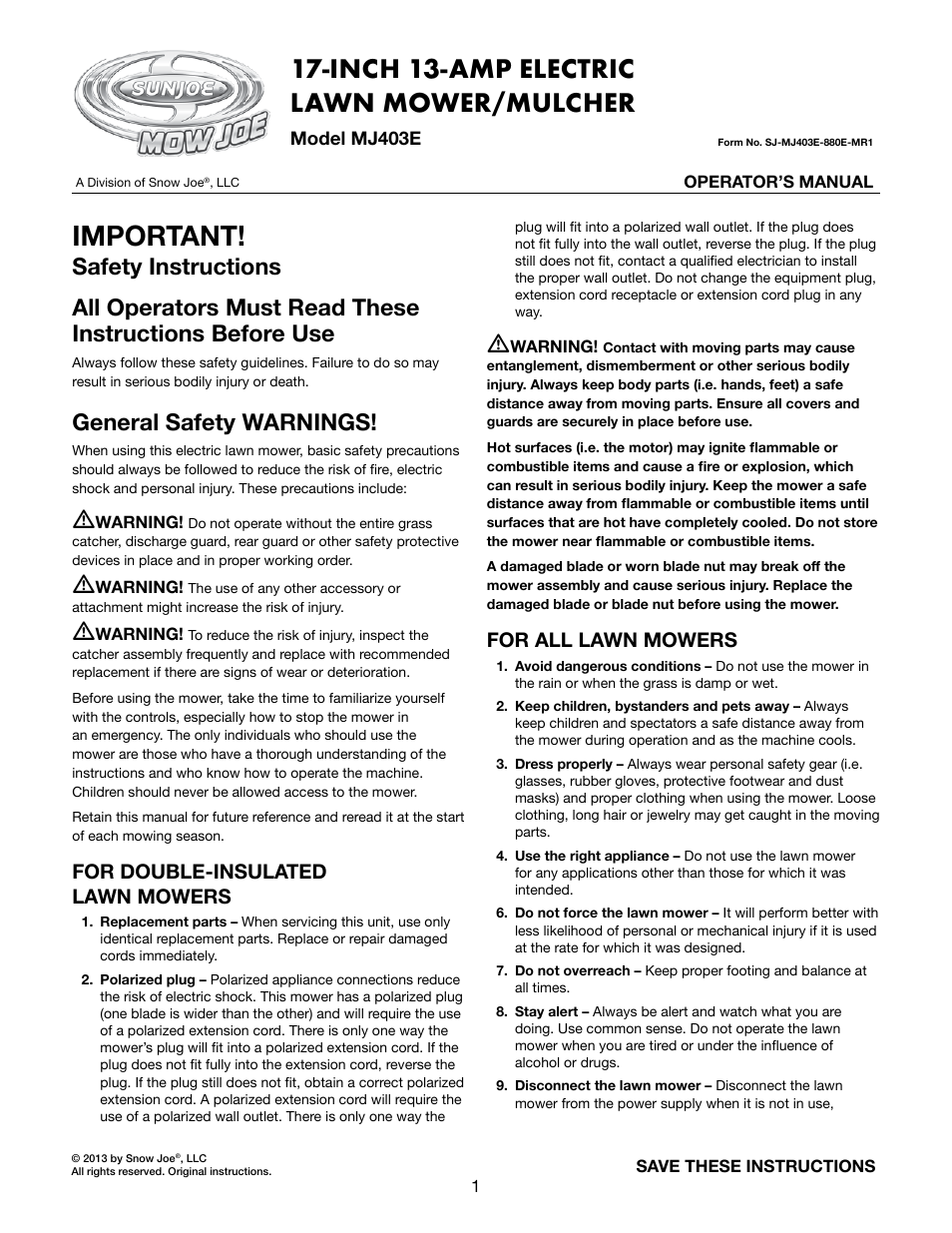 Snow Joe MJ403E Mow Joe 17-Inch 13-Amp Electric Lawn Mower/Mulcher User Manual | 12 pages