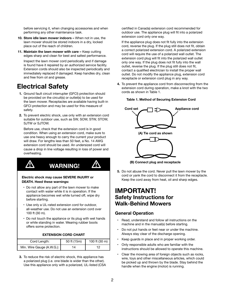 Electrical safety, Important, Warning | Safety instructions for walk-behind mowers | Snow Joe MJ403E Mow Joe 17-Inch 13-Amp Electric Lawn Mower/Mulcher User Manual | Page 2 / 12