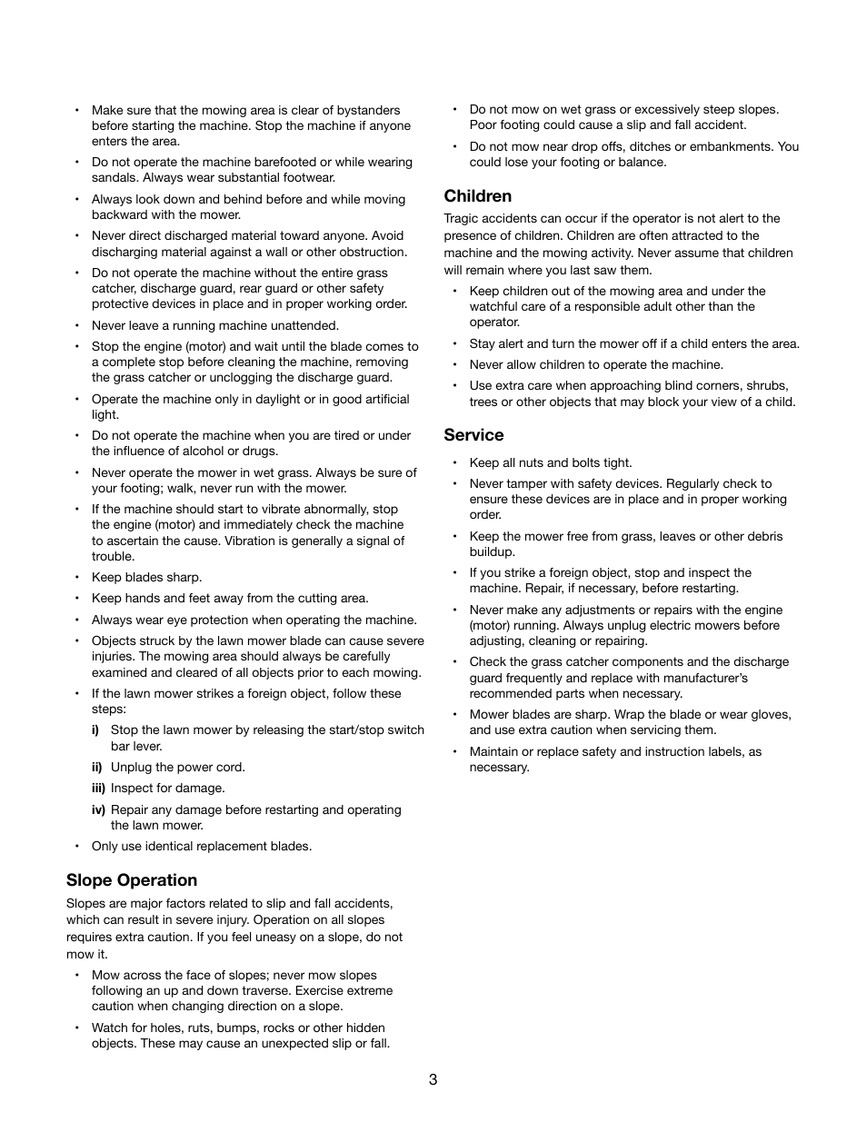 Slope operation, Children, Service | Snow Joe MJ403E Mow Joe 17-Inch 13-Amp Electric Lawn Mower/Mulcher User Manual | Page 3 / 12