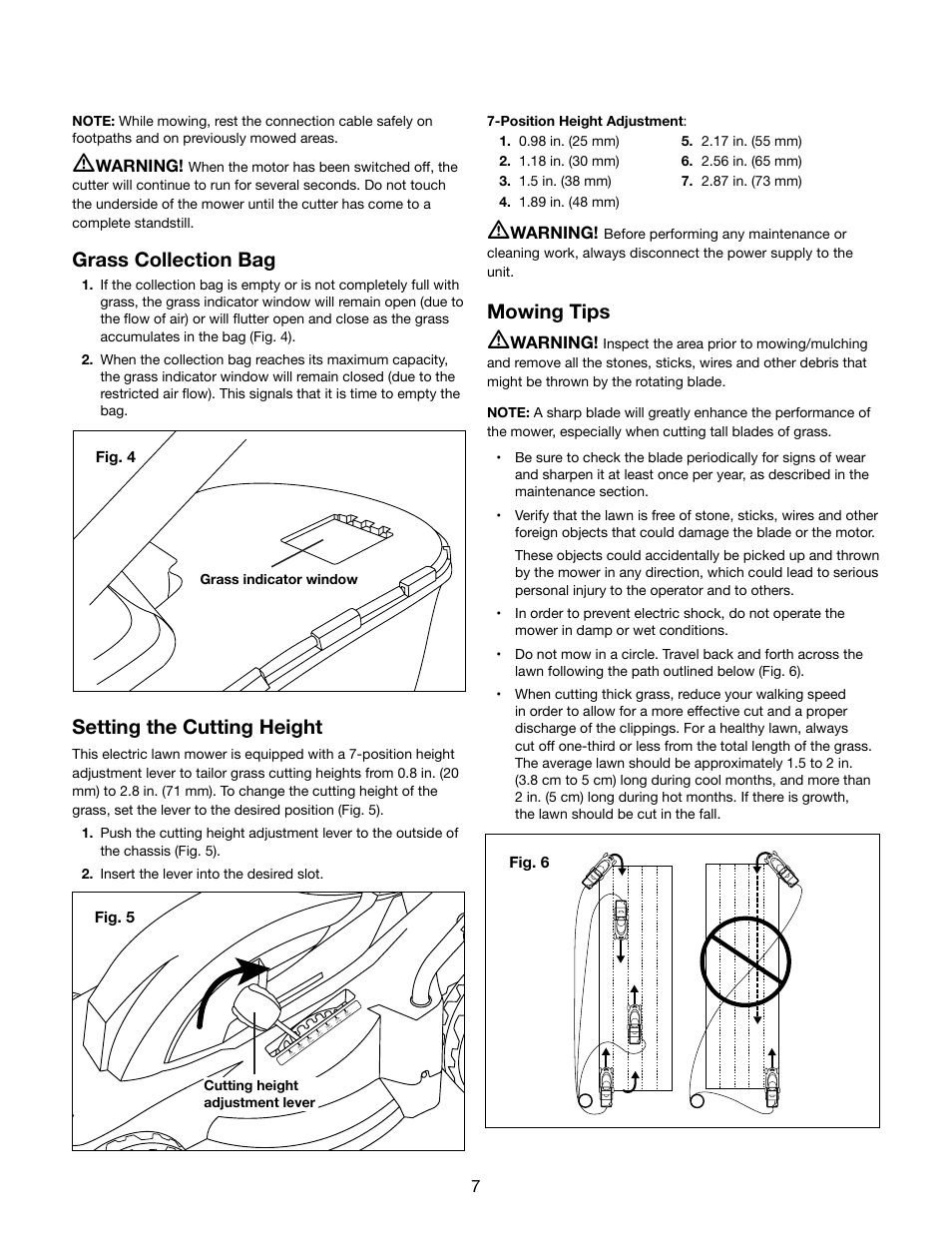 Grass collection bag, Setting the cutting height, Mowing tips | Warning | Snow Joe MJ403E Mow Joe 17-Inch 13-Amp Electric Lawn Mower/Mulcher User Manual | Page 7 / 12