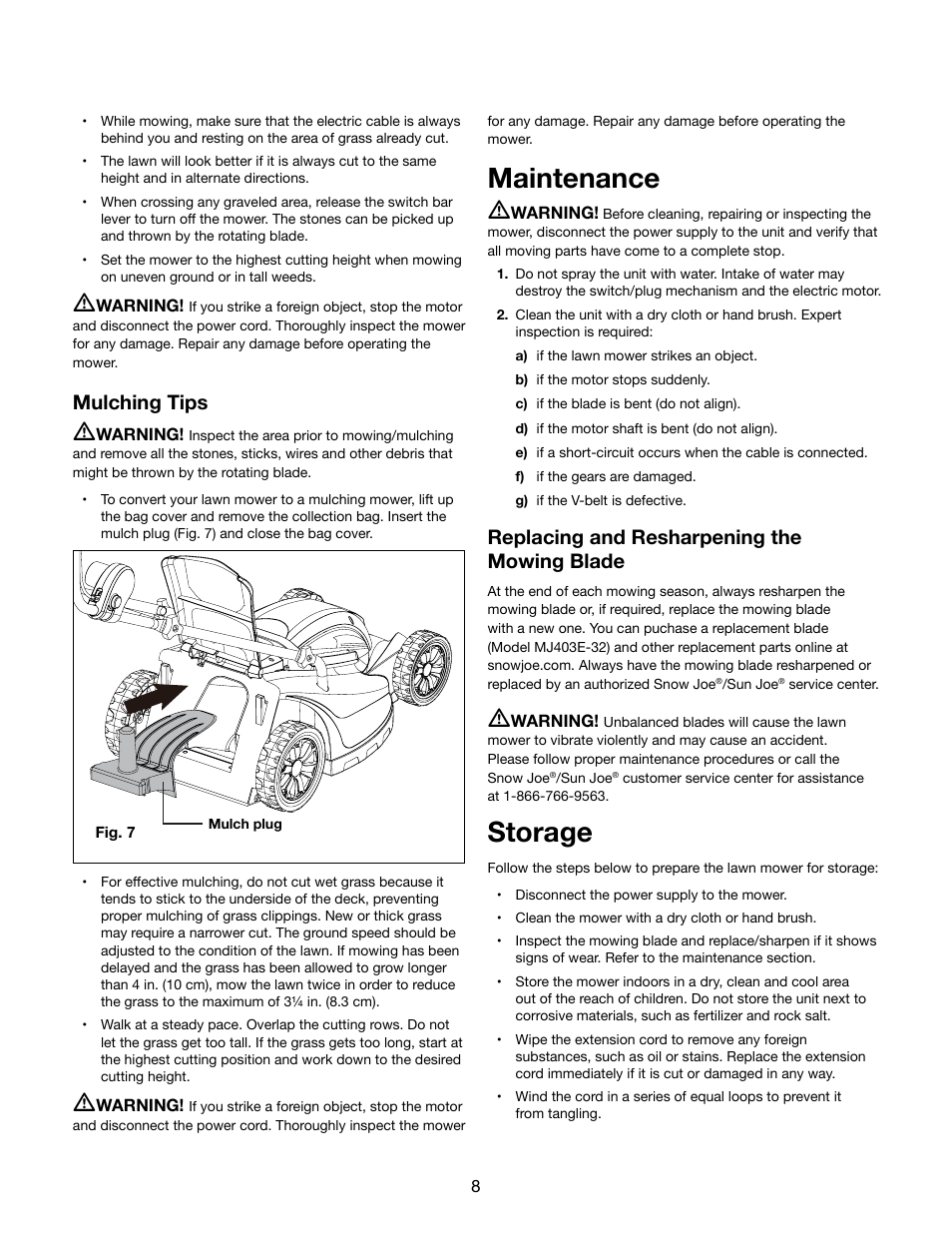 Maintenance, Storage, Mulching tips | Replacing and resharpening the mowing blade | Snow Joe MJ403E Mow Joe 17-Inch 13-Amp Electric Lawn Mower/Mulcher User Manual | Page 8 / 12