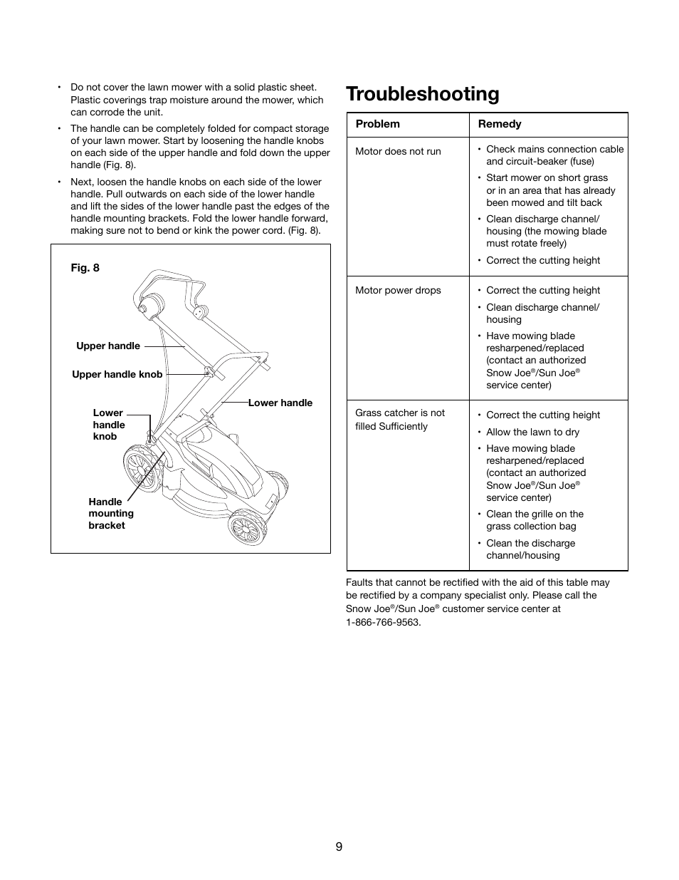 Troubleshooting | Snow Joe MJ403E Mow Joe 17-Inch 13-Amp Electric Lawn Mower/Mulcher User Manual | Page 9 / 12