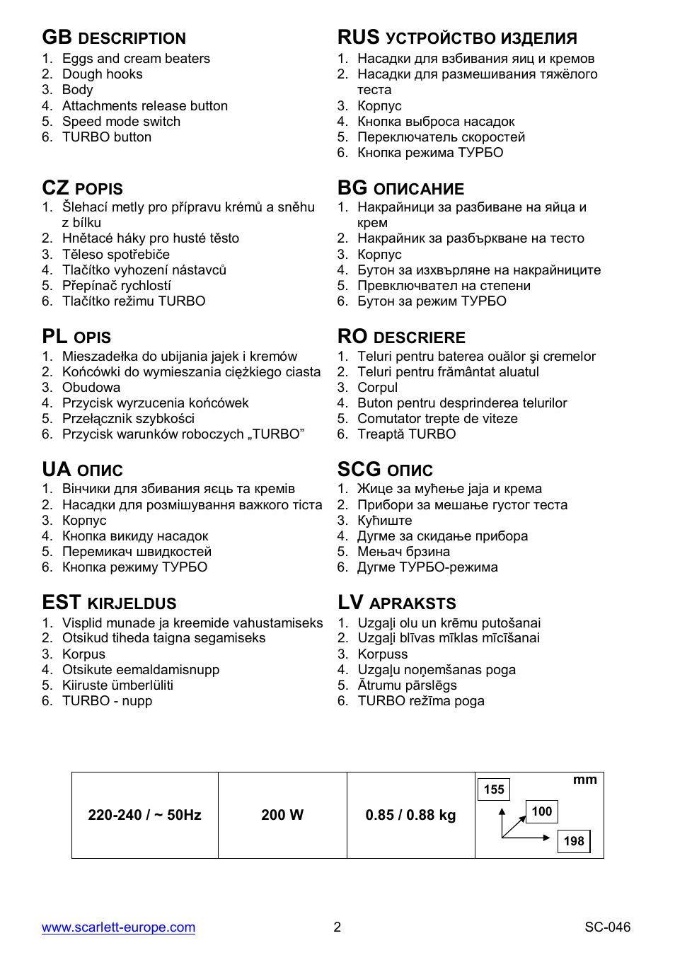 Ua scg | Scarlett SC-046 User Manual | Page 2 / 16