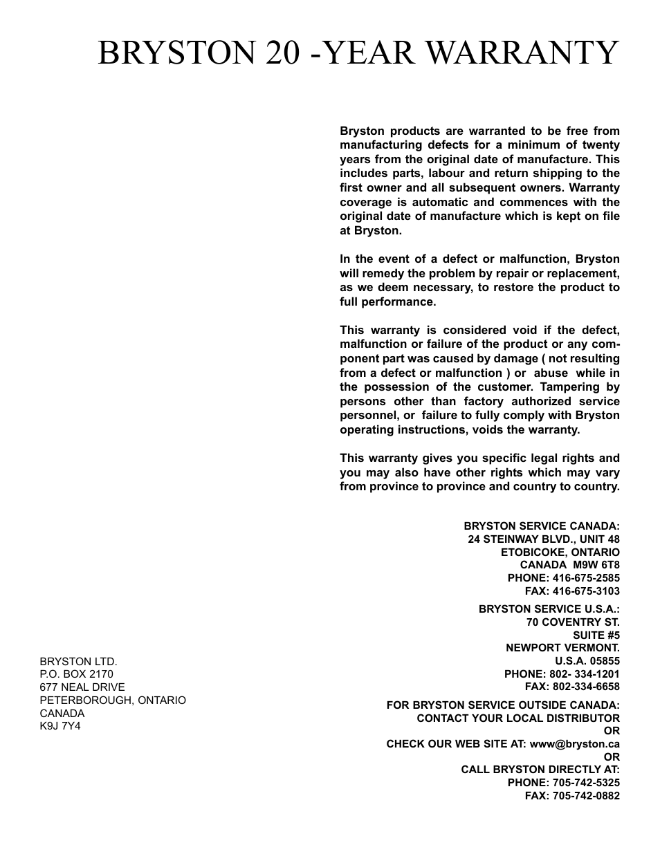 Bryston 20 -year warranty | Bryston 14B SST User Manual | Page 14 / 14