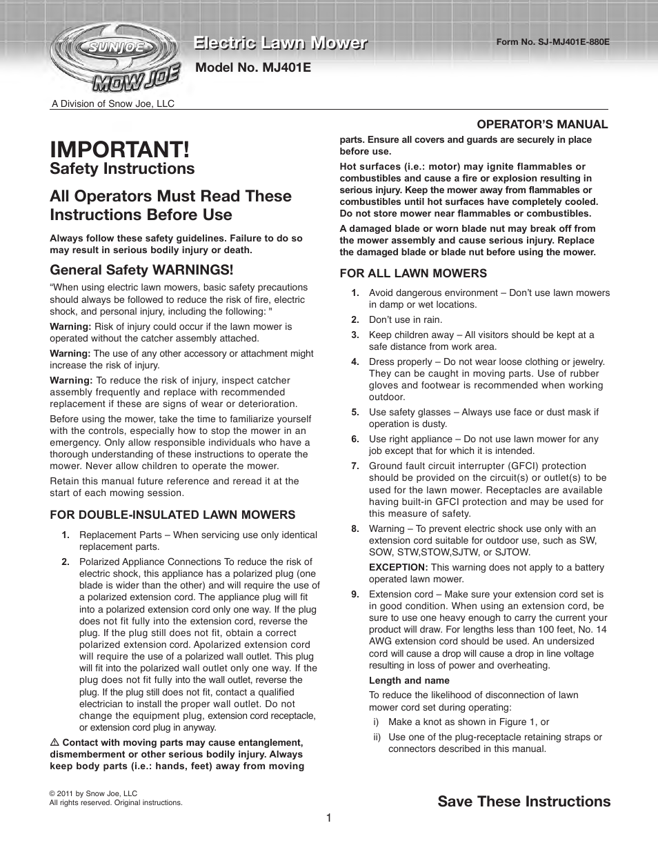 Snow Joe MJ401E Mow Joe 14-Inch Electric Lawn Mower User Manual | 12 pages