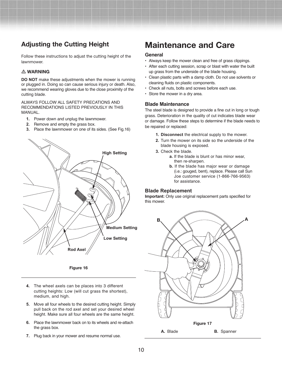 Maintenance and care, Adjusting the cutting height | Snow Joe MJ401E Mow Joe 14-Inch Electric Lawn Mower User Manual | Page 10 / 12