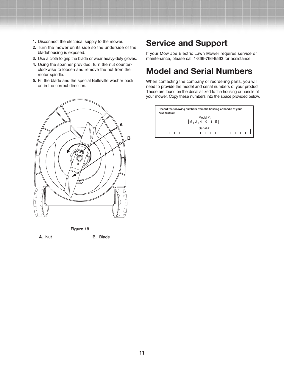 Service and support, Model and serial numbers | Snow Joe MJ401E Mow Joe 14-Inch Electric Lawn Mower User Manual | Page 11 / 12