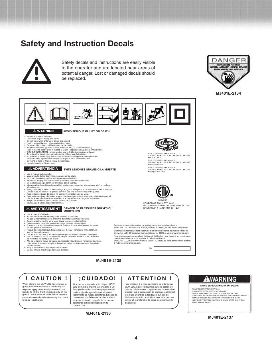 Safety and instruction decals, M warning, M advertencia | M avertissement | Snow Joe MJ401E Mow Joe 14-Inch Electric Lawn Mower User Manual | Page 4 / 12