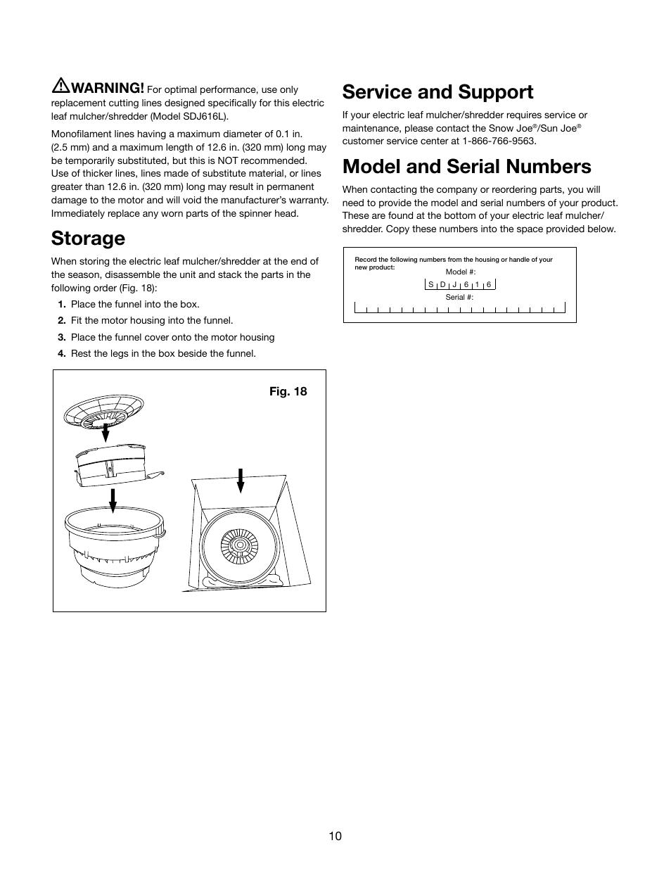 Storage, Service and support, Model and serial numbers | Warning | Snow Joe SDJ616 Shredder Joe 13-Amp 16:1 Reduction Electric Leaf Mulcher/Shredder User Manual | Page 10 / 12