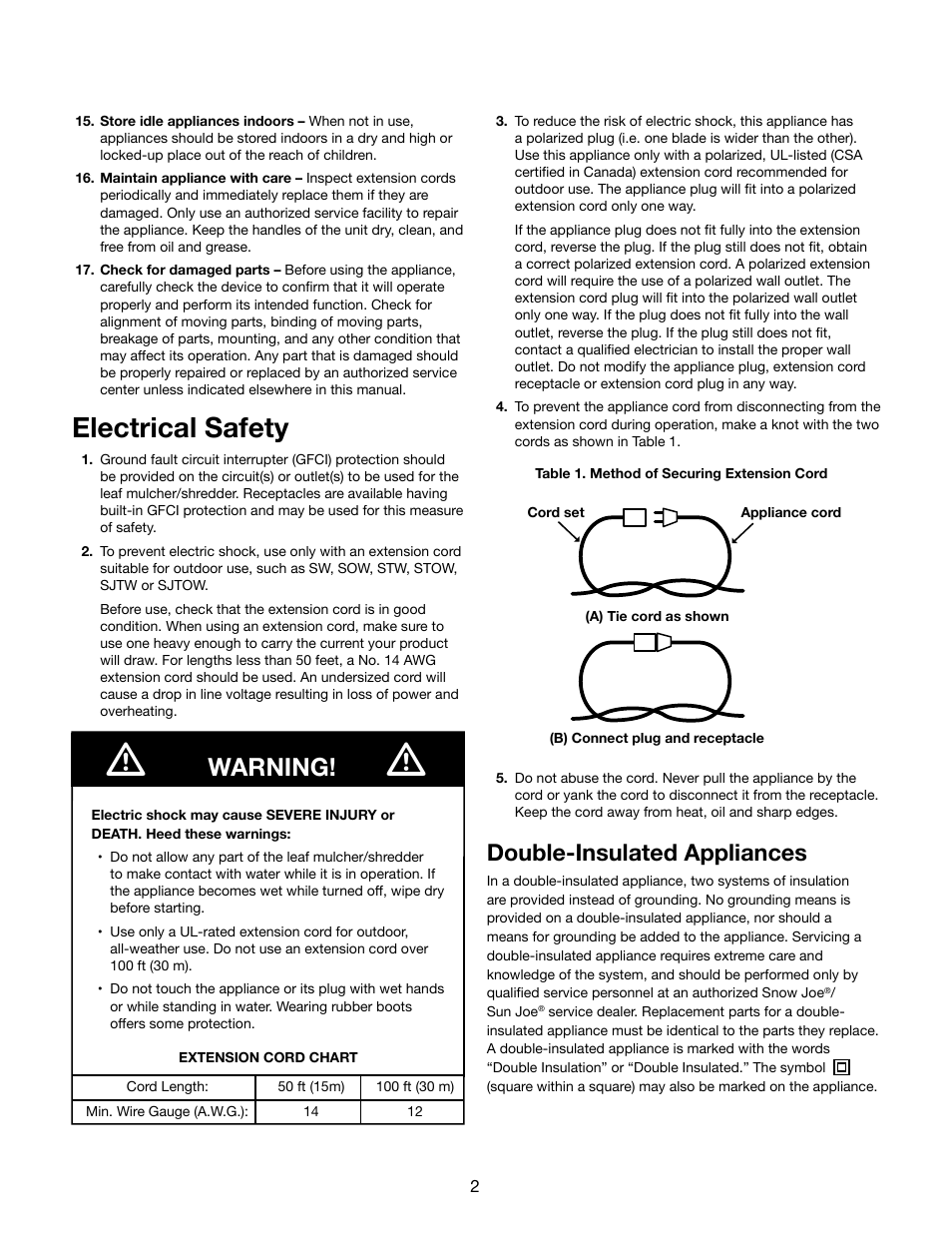 Electrical safety, Warning, Double-insulated appliances | Snow Joe SDJ616 Shredder Joe 13-Amp 16:1 Reduction Electric Leaf Mulcher/Shredder User Manual | Page 2 / 12