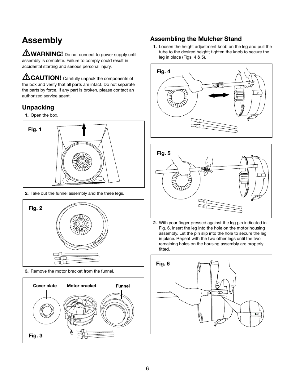 Assembly m, Warning, Caution | Unpacking, Assembling the mulcher stand | Snow Joe SDJ616 Shredder Joe 13-Amp 16:1 Reduction Electric Leaf Mulcher/Shredder User Manual | Page 6 / 12