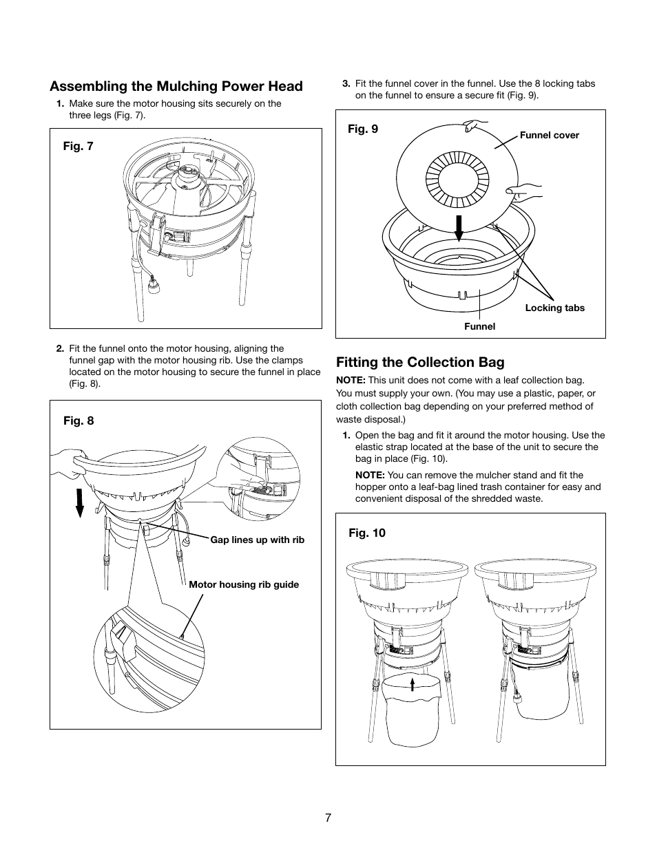 Assembling the mulching power head, Fitting the collection bag | Snow Joe SDJ616 Shredder Joe 13-Amp 16:1 Reduction Electric Leaf Mulcher/Shredder User Manual | Page 7 / 12