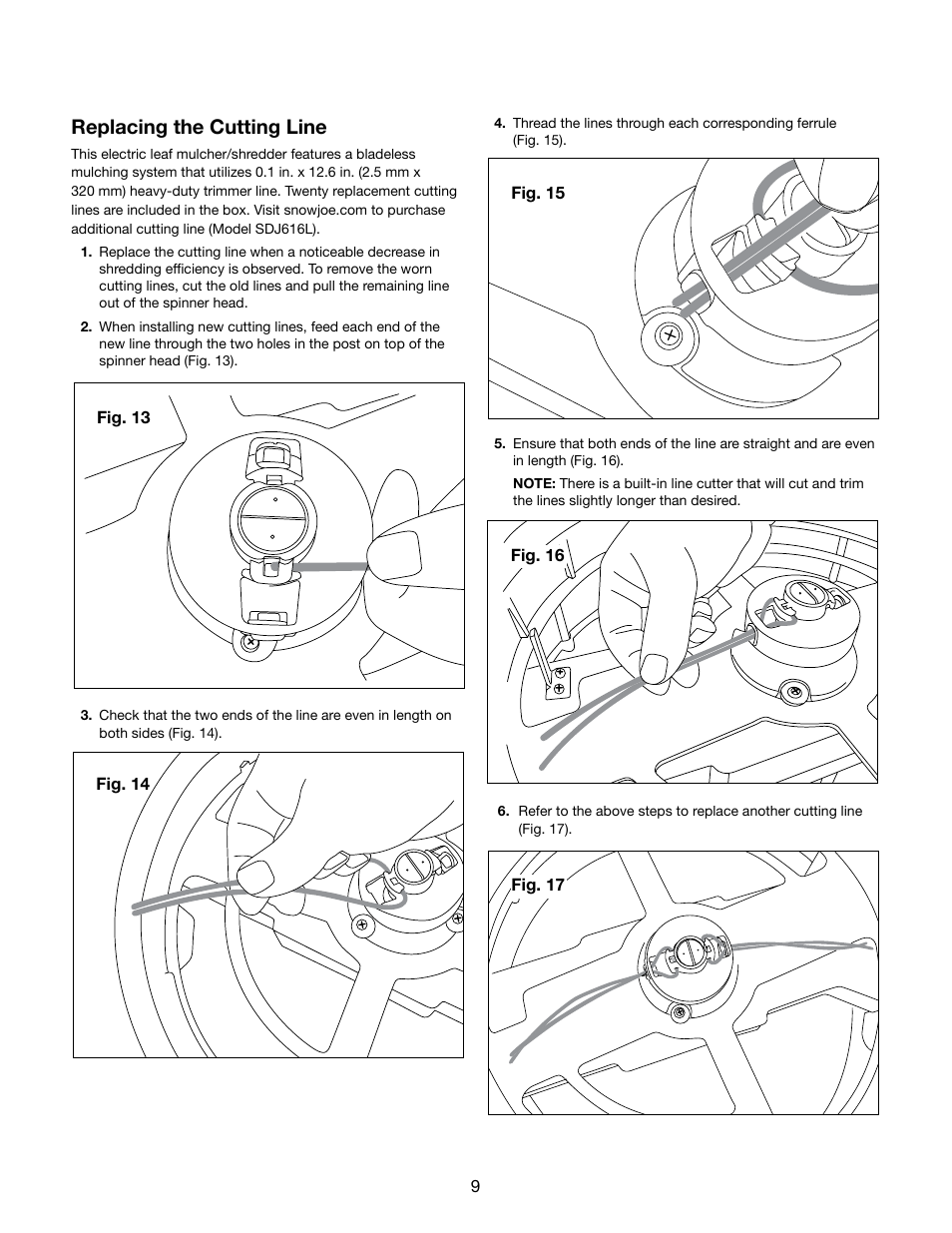 Replacing the cutting line | Snow Joe SDJ616 Shredder Joe 13-Amp 16:1 Reduction Electric Leaf Mulcher/Shredder User Manual | Page 9 / 12