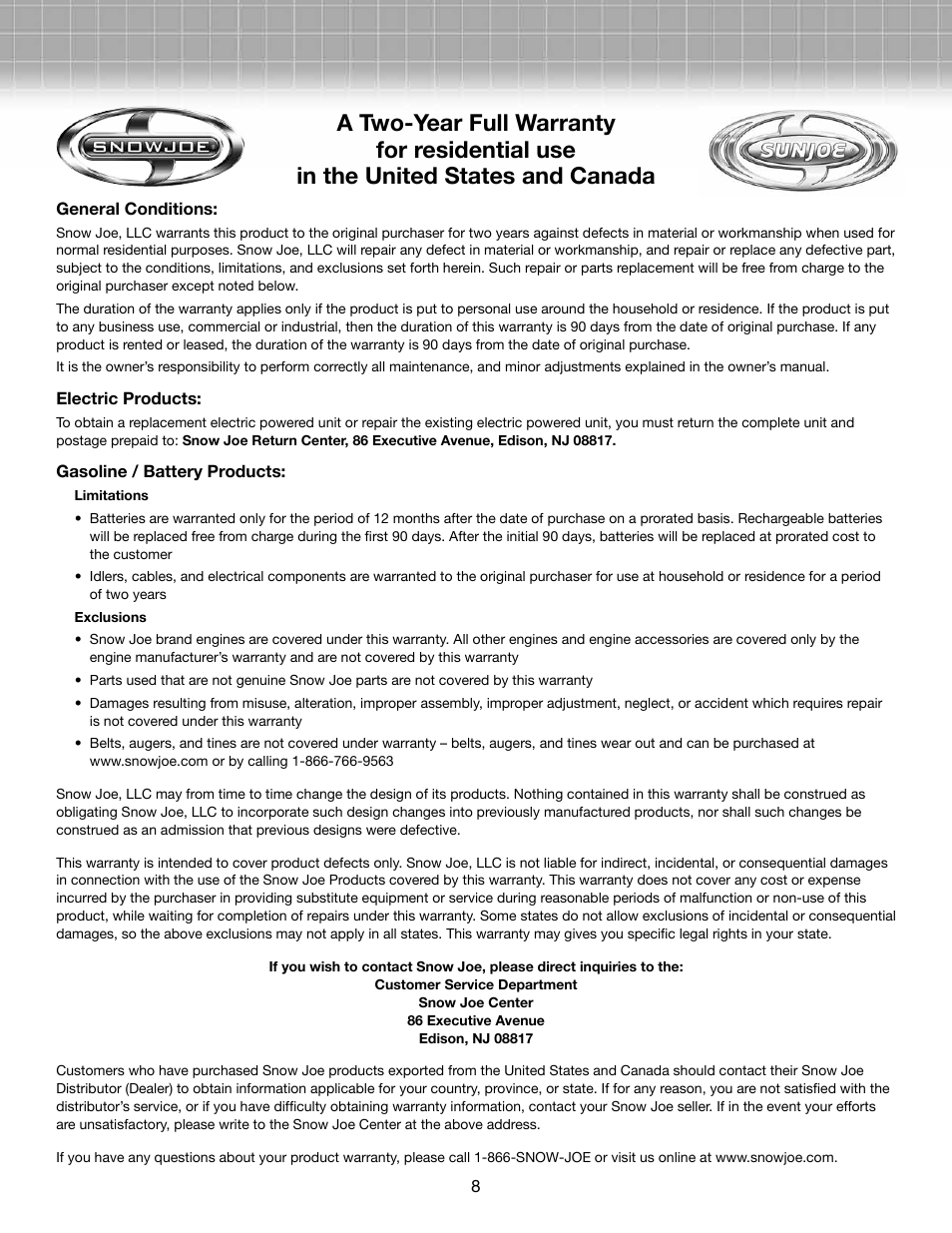 Snow Joe SBJ604E Blower Joe 3-in-1 Electric Blower/Vacuum/Leaf Shredder User Manual | Page 8 / 8