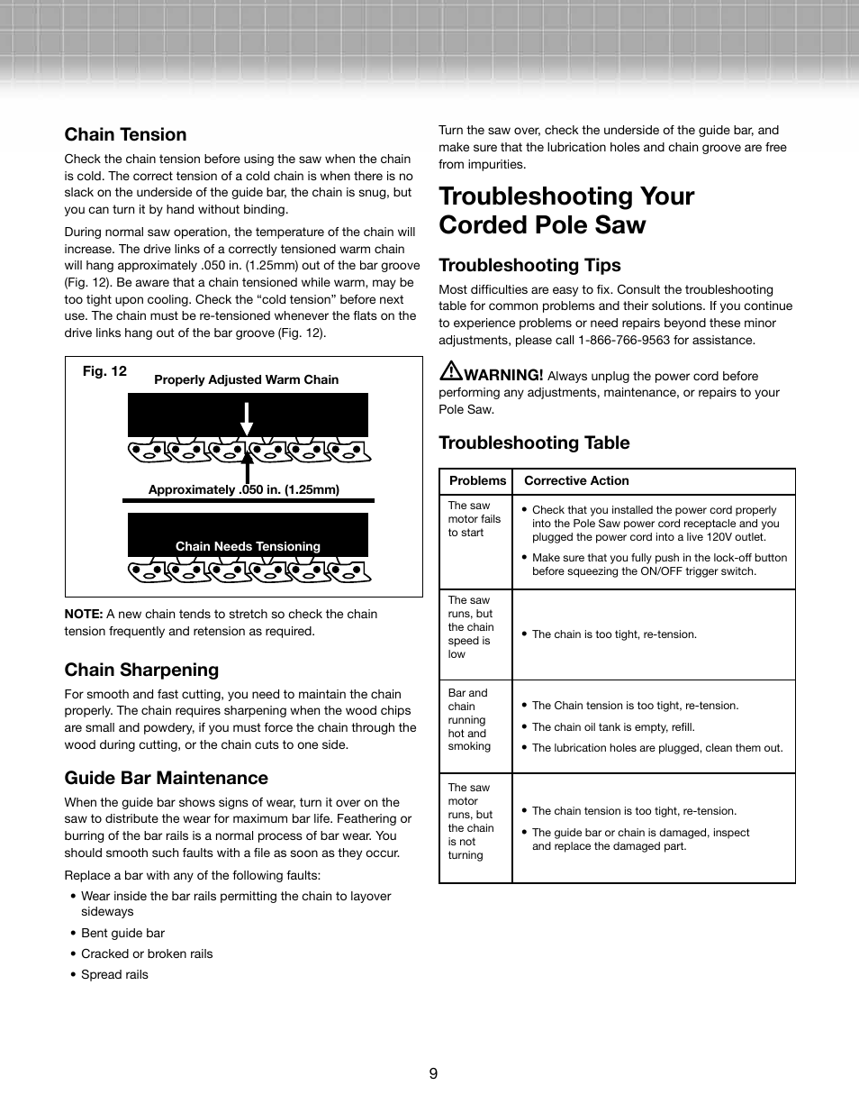 Troubleshooting your corded pole saw, Chain tension, Chain sharpening | Guide bar maintenance, Troubleshooting tips, Troubleshooting table | Snow Joe SWJ800E Saw Joe 8-Inch 6.5-Amp Electric Pole Chain Saw User Manual | Page 9 / 12