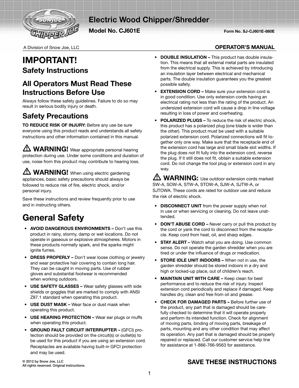 Snow Joe CJ601E Chipper Joe 14 AMP Electric Wood Chipper/Shredder User Manual | 12 pages