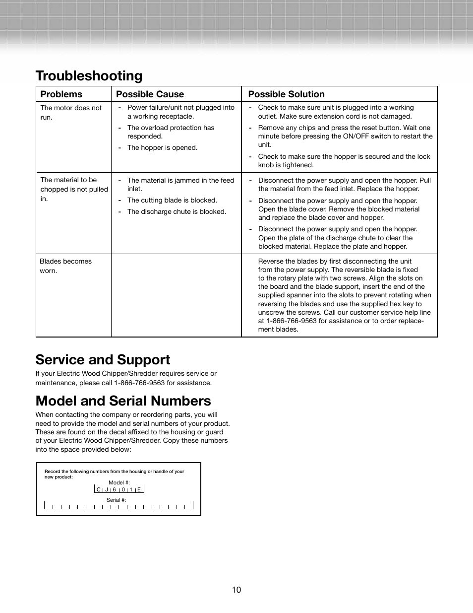 Troubleshooting service and support, Model and serial numbers | Snow Joe CJ601E Chipper Joe 14 AMP Electric Wood Chipper/Shredder User Manual | Page 10 / 12