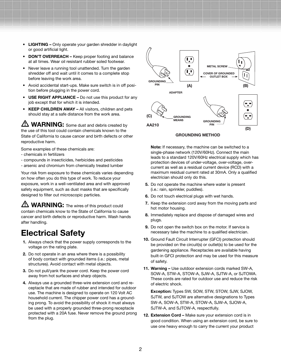 Electrical safety, Warning | Snow Joe CJ601E Chipper Joe 14 AMP Electric Wood Chipper/Shredder User Manual | Page 2 / 12