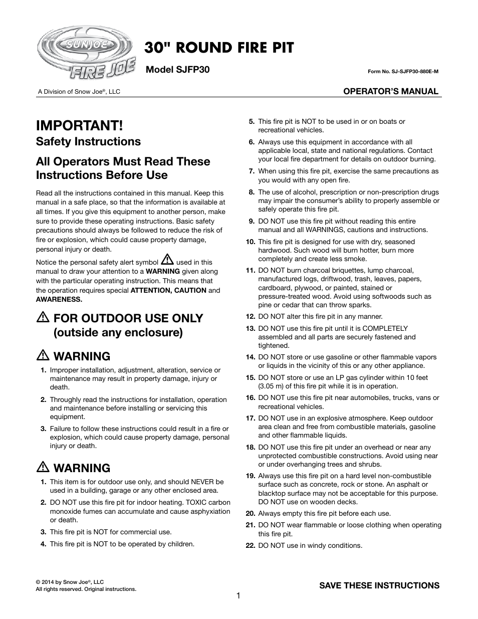 Snow Joe SJFP30 Fire Joe 30-Inch Steel Fire Pit User Manual | 8 pages