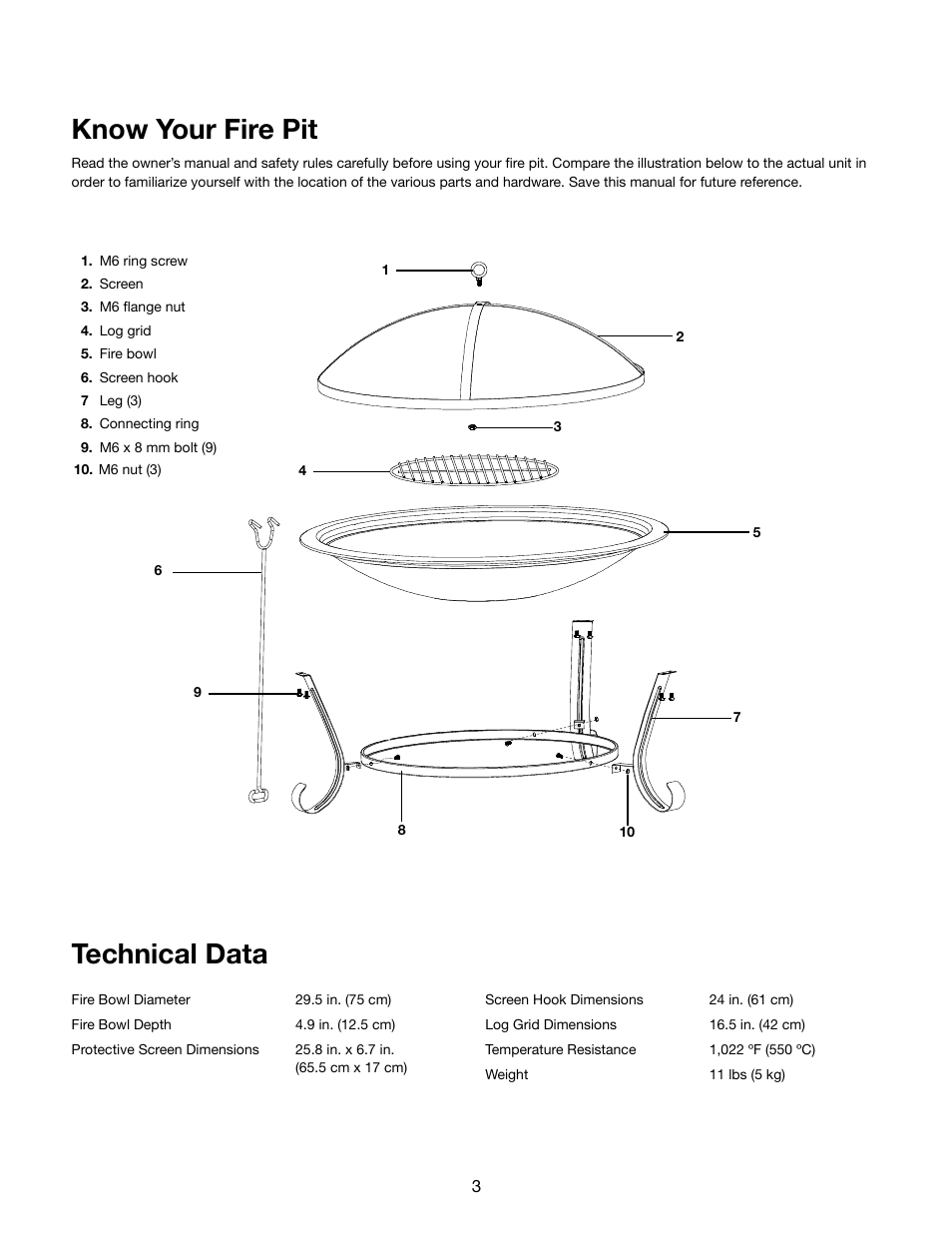 Know your fire pit, Technical data | Snow Joe SJFP30 Fire Joe 30-Inch Steel Fire Pit User Manual | Page 3 / 8