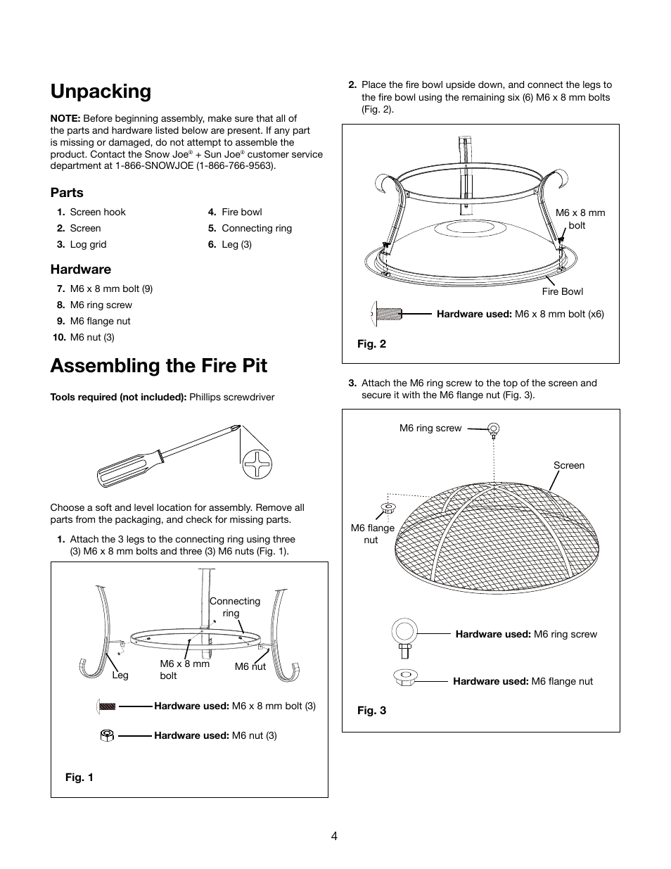 Unpacking, Assembling the fire pit | Snow Joe SJFP30 Fire Joe 30-Inch Steel Fire Pit User Manual | Page 4 / 8