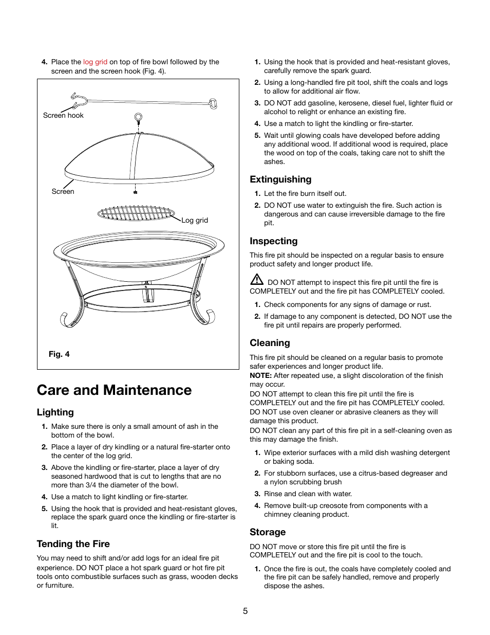 Care and maintenance | Snow Joe SJFP30 Fire Joe 30-Inch Steel Fire Pit User Manual | Page 5 / 8