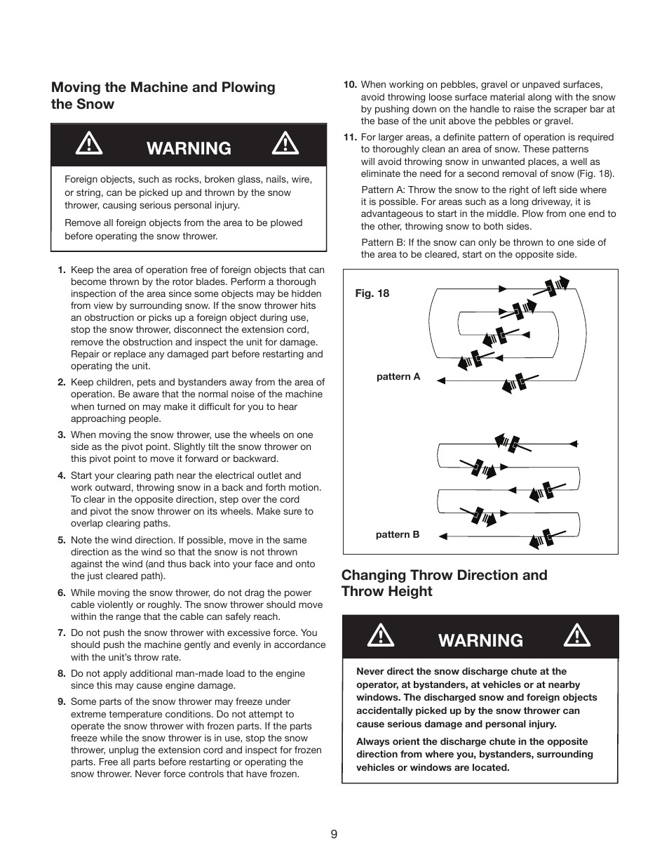 Warning, Moving the machine and plowing the snow, Changing throw direction and throw height | Snow Joe SJ624E Ultra 21-Inch 14-Amp Electric Snow Thrower User Manual | Page 10 / 17