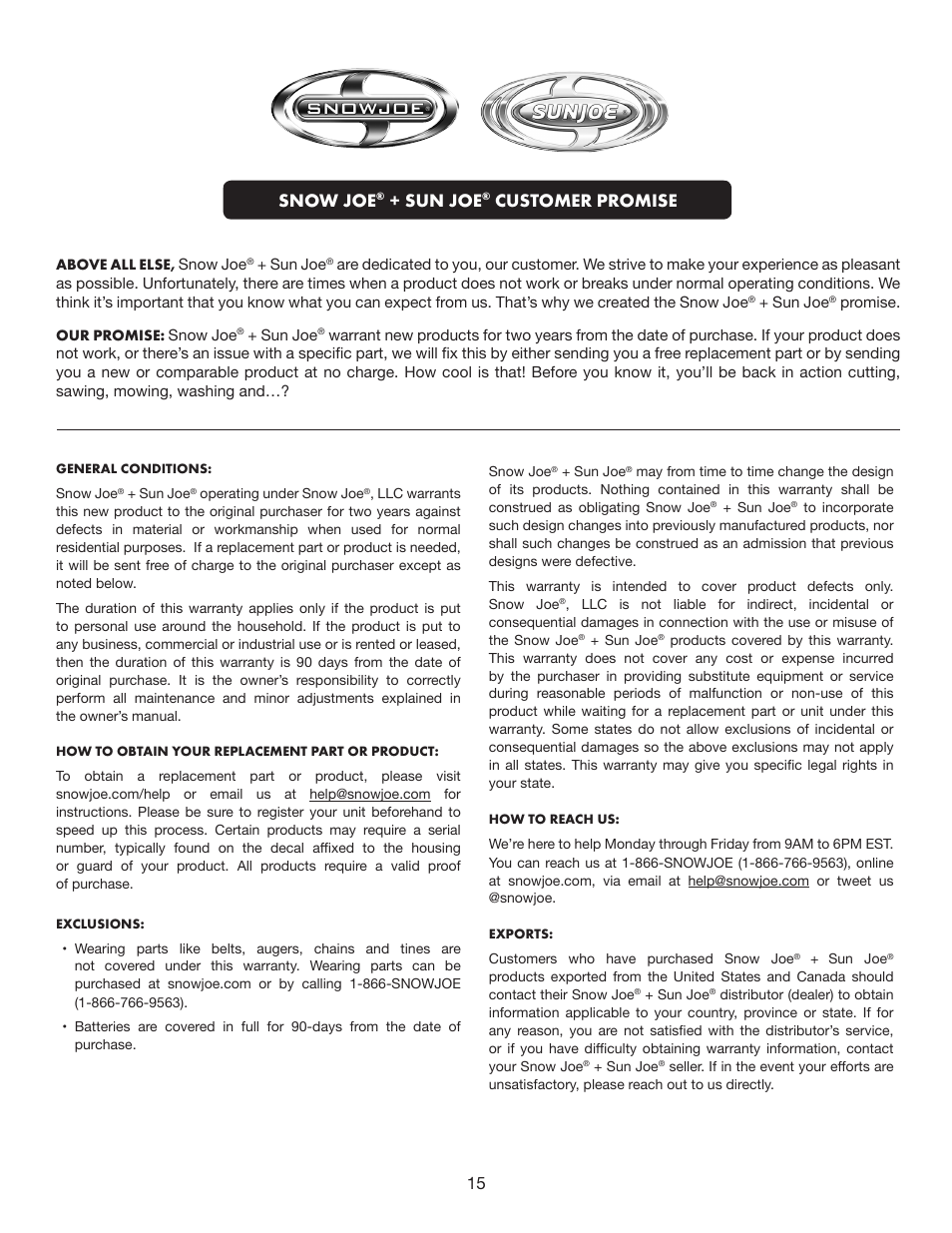 Snow joe, Sun joe, Customer promise | Snow Joe SJ624E Ultra 21-Inch 14-Amp Electric Snow Thrower User Manual | Page 16 / 17