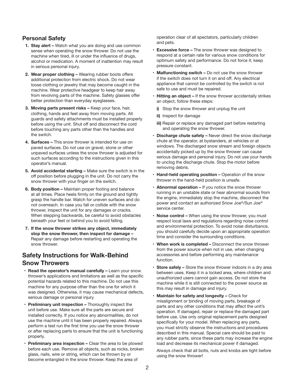 Safety instructions for walk-behind snow throwers, Personal safety | Snow Joe SJ624E Ultra 21-Inch 14-Amp Electric Snow Thrower User Manual | Page 3 / 17