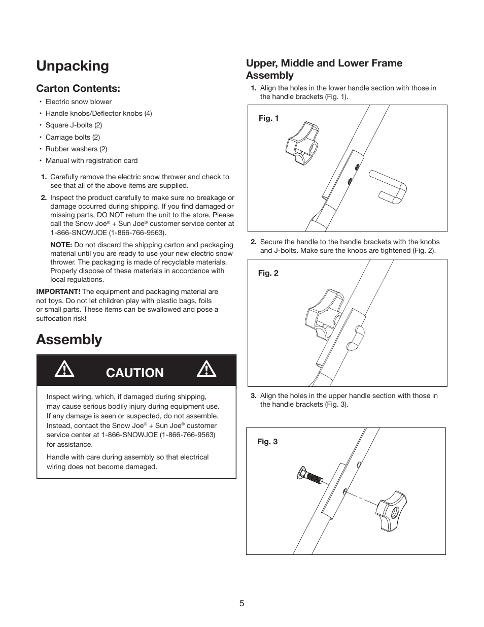 Unpacking, Assembly, Caution | Carton contents, Upper, middle and lower frame assembly | Snow Joe SJ624E Ultra 21-Inch 14-Amp Electric Snow Thrower User Manual | Page 6 / 17