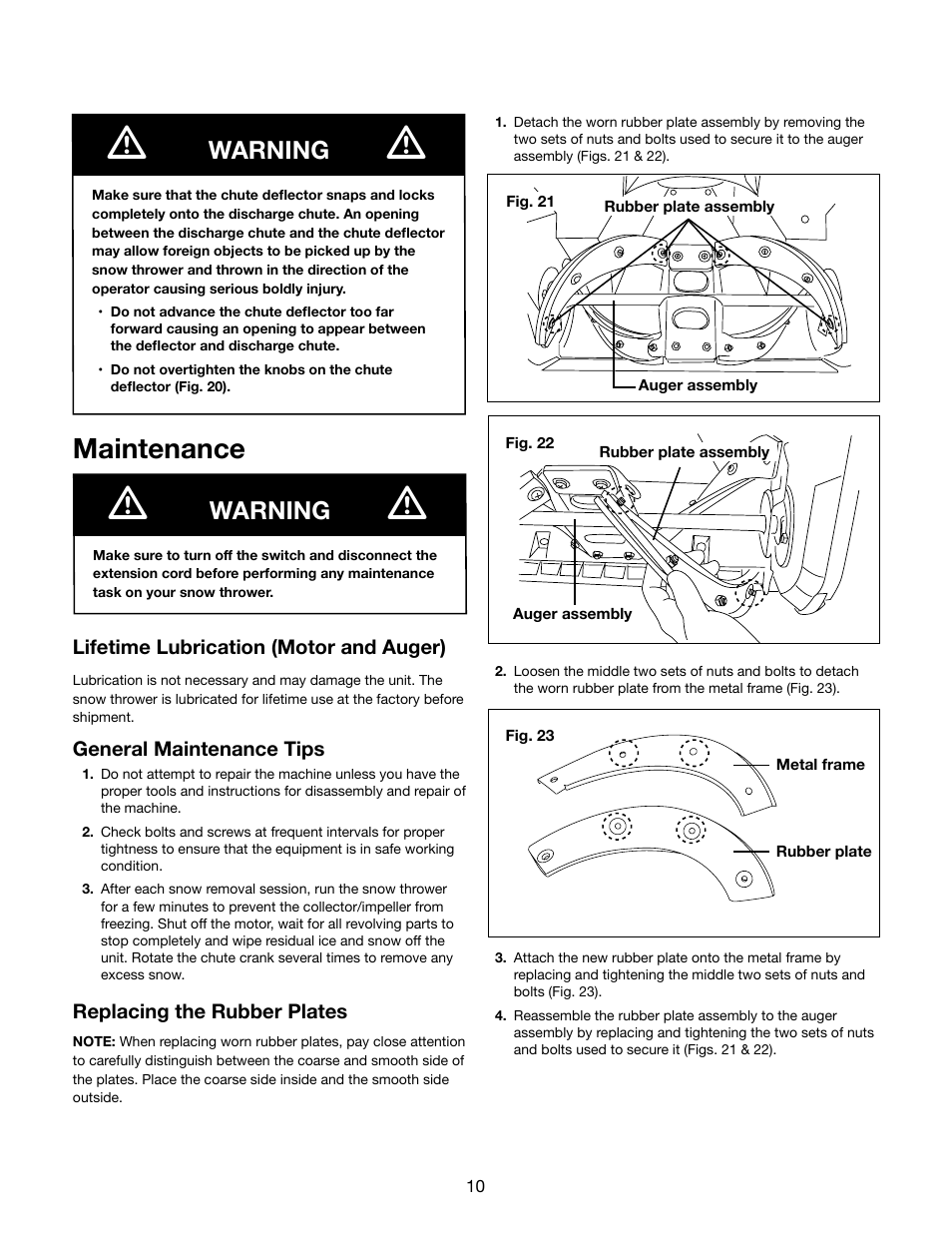 Maintenance, Warning | Snow Joe SJ622E Ultra 18-Inch 15-Amp Electric Snow Thrower User Manual | Page 10 / 16