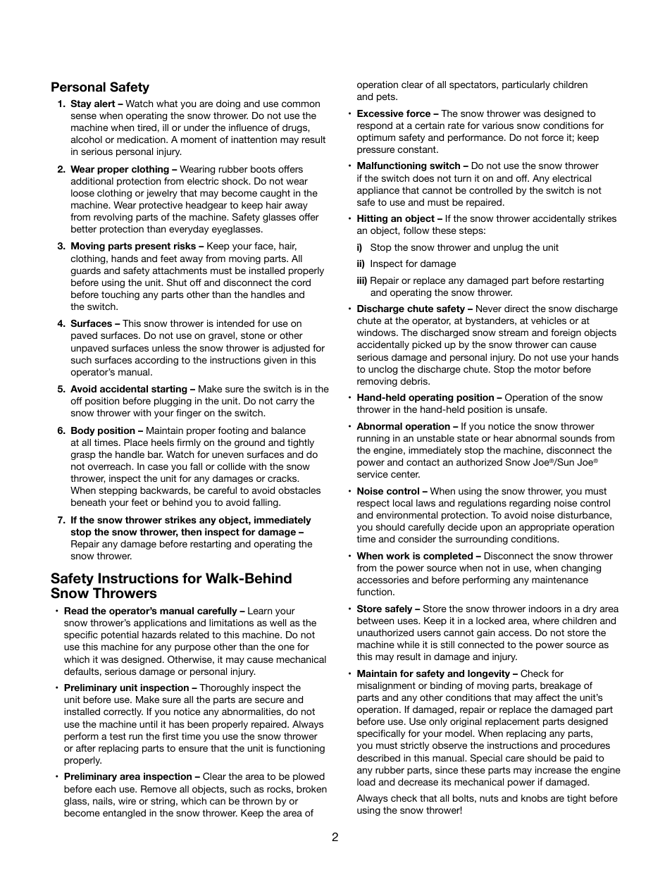 Safety instructions for walk-behind snow throwers, Personal safety | Snow Joe SJ622E Ultra 18-Inch 15-Amp Electric Snow Thrower User Manual | Page 2 / 16