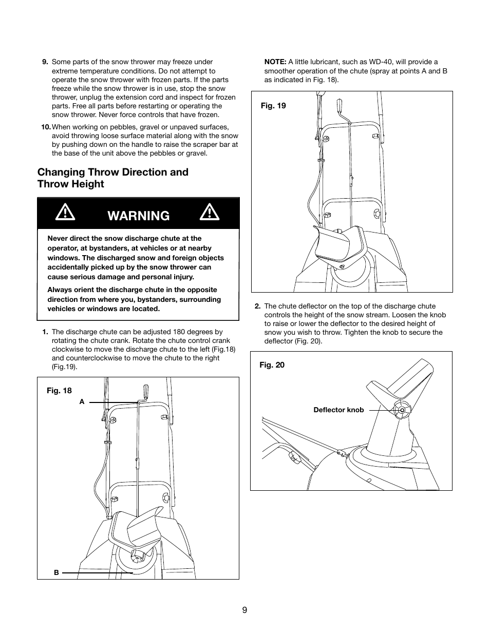 Warning, Changing throw direction and throw height | Snow Joe SJ622E Ultra 18-Inch 15-Amp Electric Snow Thrower User Manual | Page 9 / 16