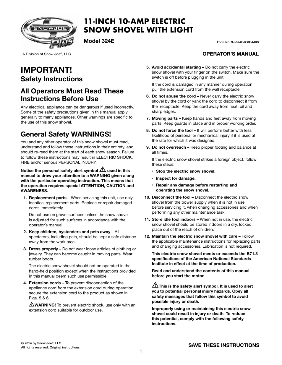 Snow Joe 324E Plus 11-Inch 10-Amp Electric Snow Shovel with Light User Manual | 16 pages