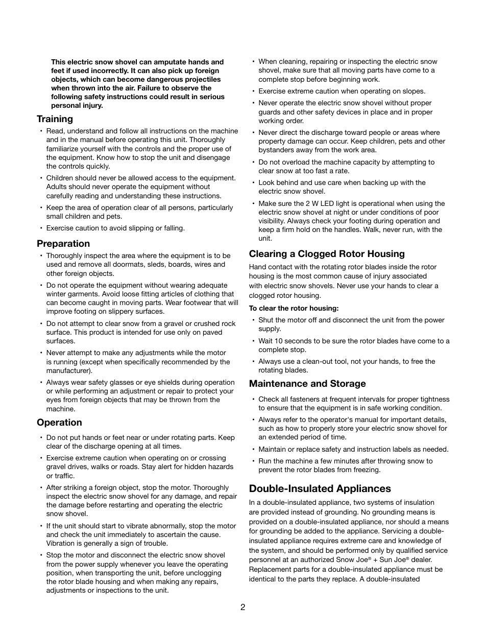 Double-insulated appliances, Training, Preparation | Operation, Clearing a clogged rotor housing, Maintenance and storage | Snow Joe 324E Plus 11-Inch 10-Amp Electric Snow Shovel with Light User Manual | Page 2 / 16
