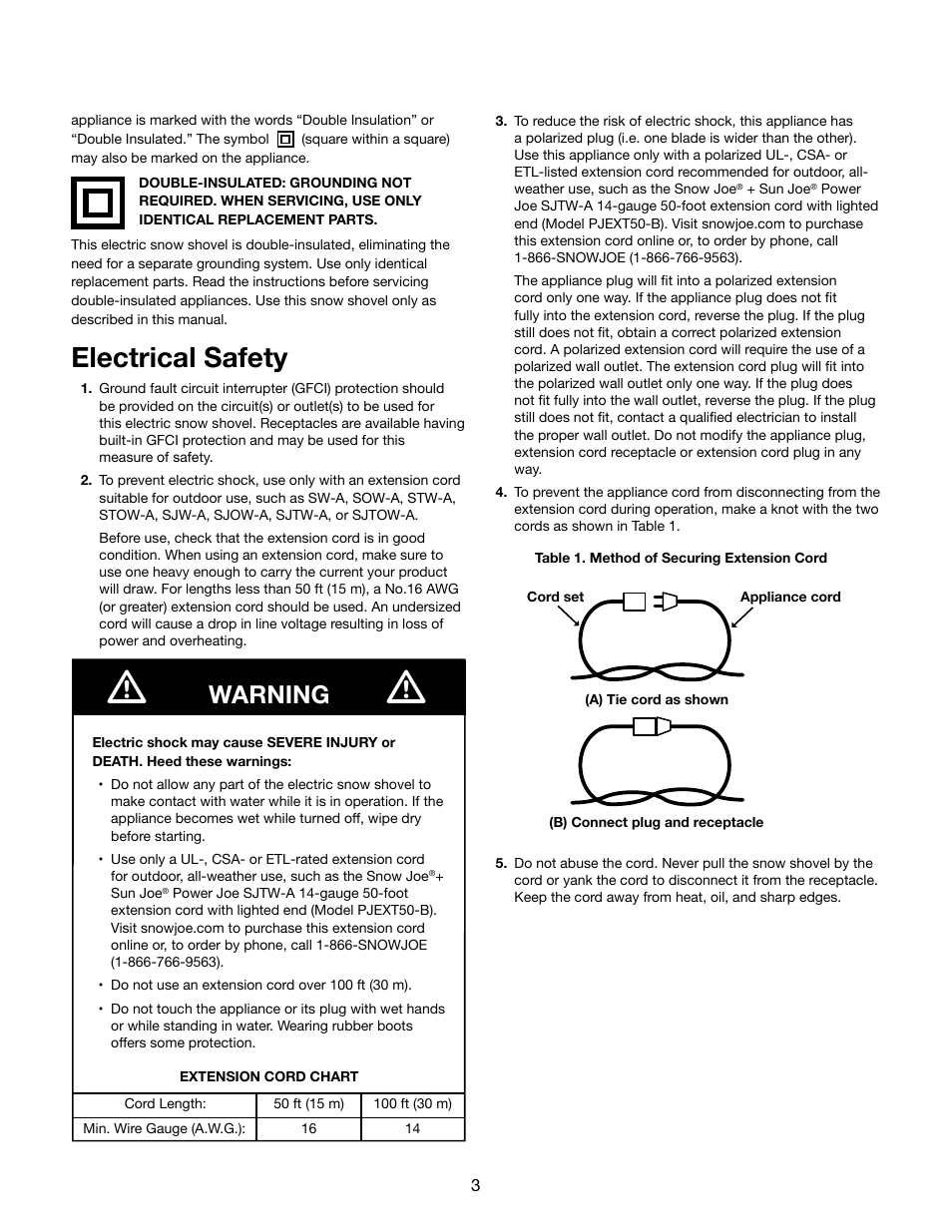 Electrical safety, Warning | Snow Joe 324E Plus 11-Inch 10-Amp Electric Snow Shovel with Light User Manual | Page 3 / 16