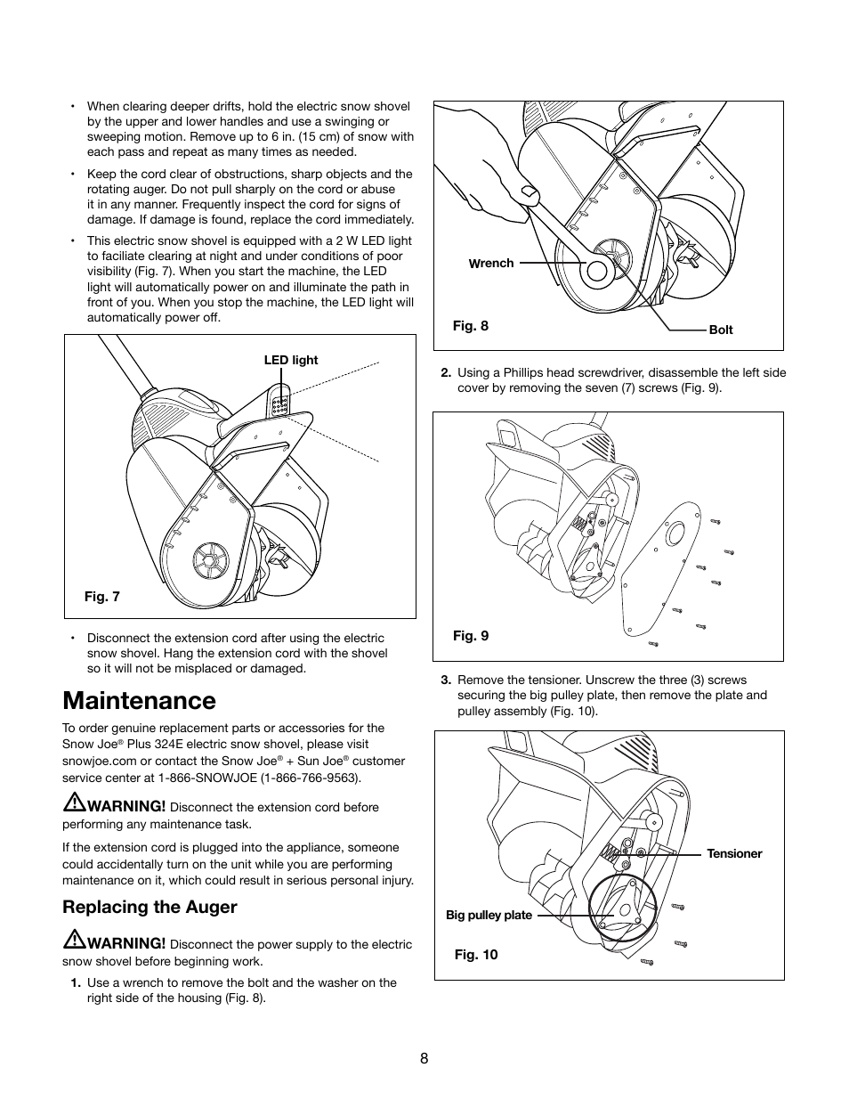 Maintenance, Replacing the auger | Snow Joe 324E Plus 11-Inch 10-Amp Electric Snow Shovel with Light User Manual | Page 8 / 16