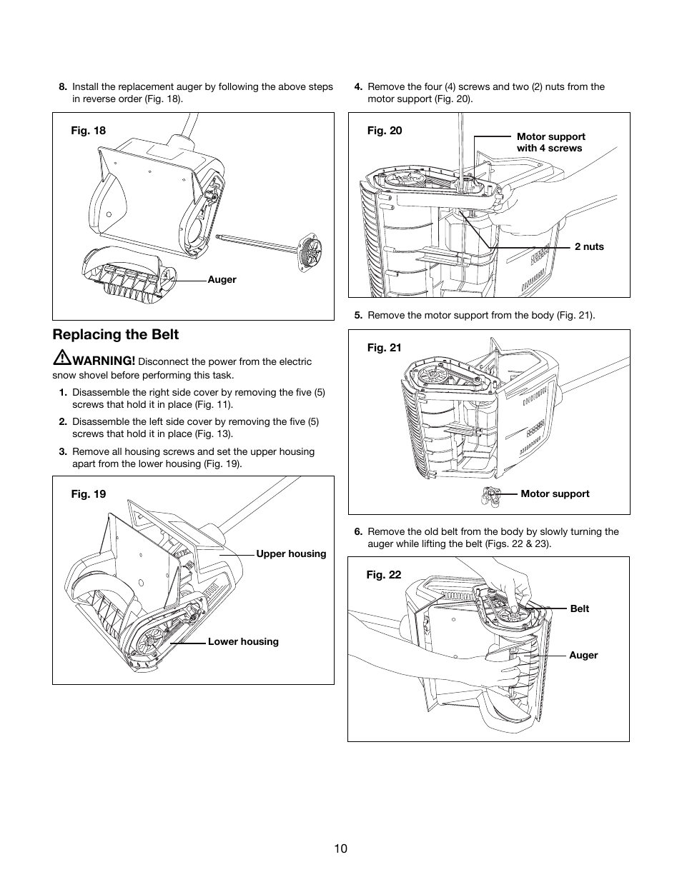 Replacing the belt | Snow Joe 323E Plus 13-Inch 10-Amp Electric Snow Shovel User Manual | Page 10 / 16