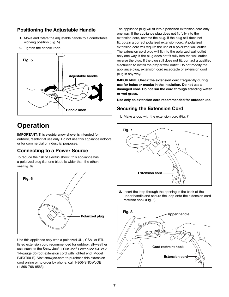 Operation, Positioning the adjustable handle, Connecting to a power source | Securing the extension cord | Snow Joe 323E Plus 13-Inch 10-Amp Electric Snow Shovel User Manual | Page 7 / 16