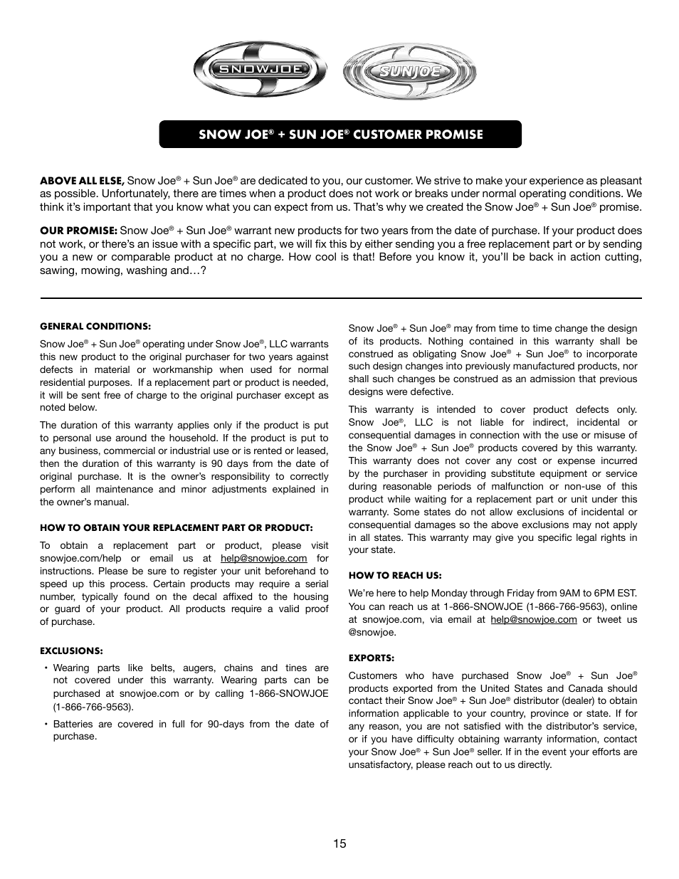 Snow joe, Sun joe, Customer promise | Snow Joe SJM988 Max 18-Inch 13.5-Amp Electric Snow Thrower with Light in RED User Manual | Page 15 / 16