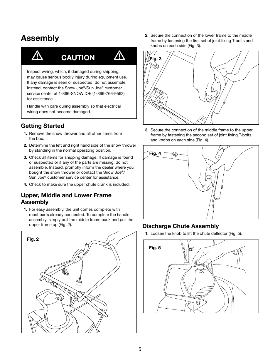 Assembly, Caution, Getting started | Upper, middle and lower frame assembly, Discharge chute assembly | Snow Joe SJM988 Max 18-Inch 13.5-Amp Electric Snow Thrower with Light in RED User Manual | Page 5 / 16
