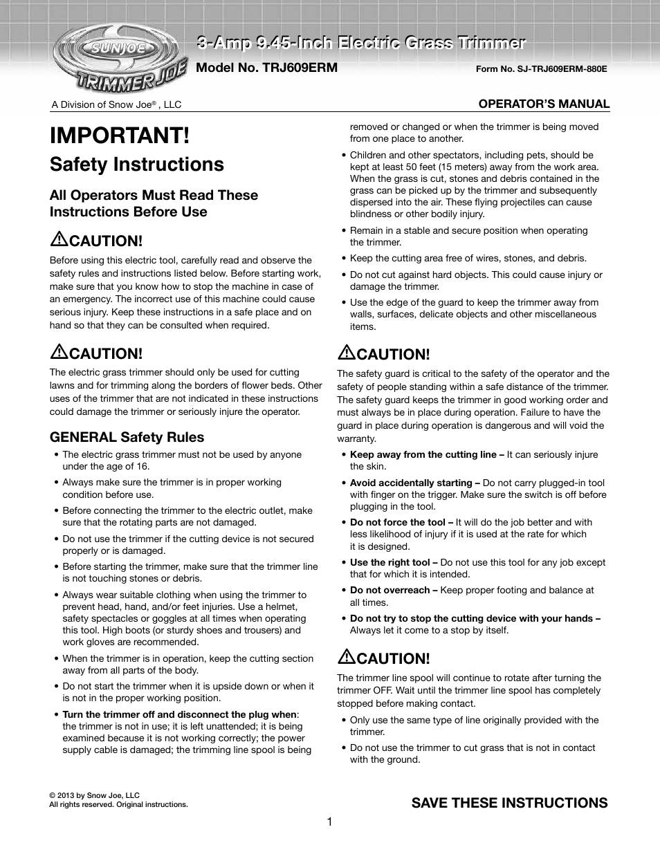 Snow Joe TRJ609E-RM Trimmer Joe 3-Amp 9.45-Inch Electric Grass Trimmer User Manual | 12 pages