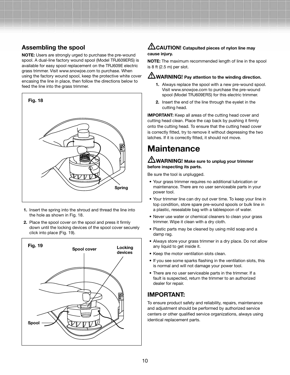 Maintenance m, Assembling the spool, Important | Snow Joe TRJ609E-RM Trimmer Joe 3-Amp 9.45-Inch Electric Grass Trimmer User Manual | Page 10 / 12