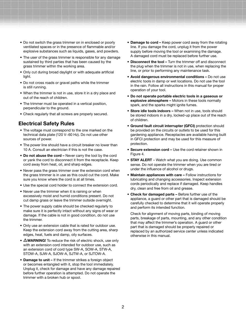 Electrical safety rules | Snow Joe TRJ609E-RM Trimmer Joe 3-Amp 9.45-Inch Electric Grass Trimmer User Manual | Page 2 / 12