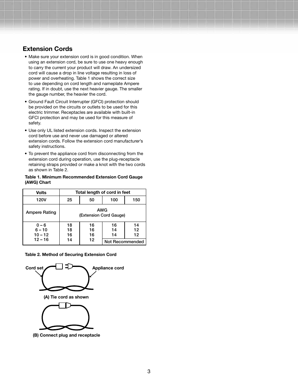 Extension cords | Snow Joe TRJ609E-RM Trimmer Joe 3-Amp 9.45-Inch Electric Grass Trimmer User Manual | Page 3 / 12