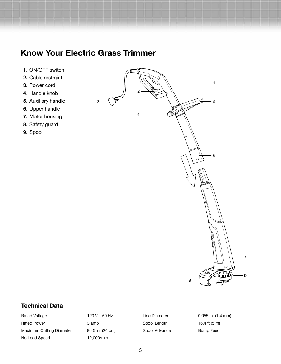 Know your electric grass trimmer, Technical data | Snow Joe TRJ609E-RM Trimmer Joe 3-Amp 9.45-Inch Electric Grass Trimmer User Manual | Page 5 / 12