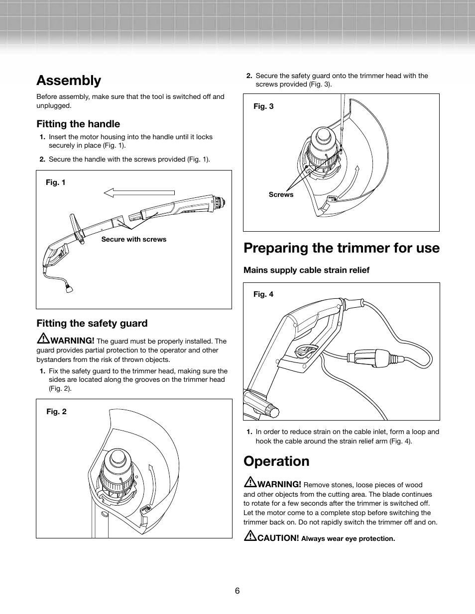 Assembly, Preparing the trimmer for use, Operation m | Snow Joe TRJ609E-RM Trimmer Joe 3-Amp 9.45-Inch Electric Grass Trimmer User Manual | Page 6 / 12